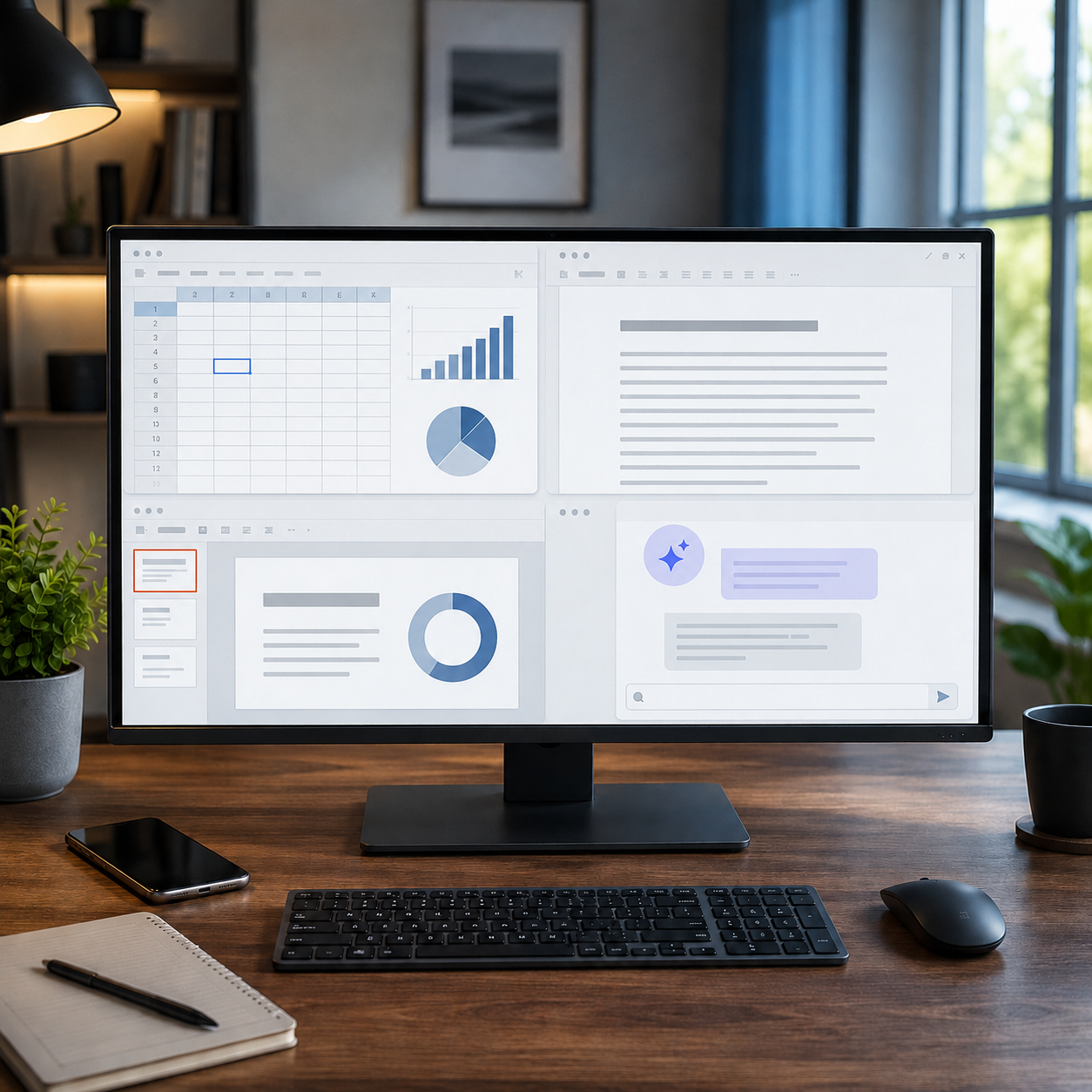 Monitor mit vier geöffneten Programmfenstern: Tabellenkalkulation mit Diagrammen, Textdokument, Präsentation und ein KI-Chatfenster