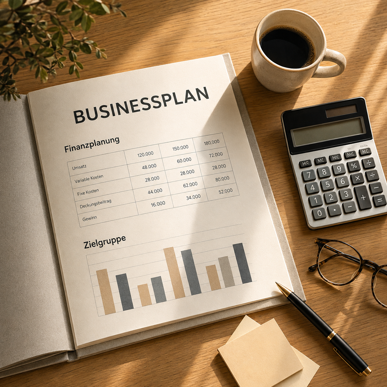 Aufgeschlagener Businessplan auf einem Holztisch mit Finanzplanung, Balkendiagramm, Taschenrechner, Brille und Kaffeetasse