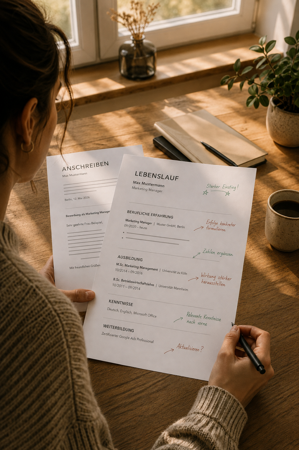Person prüft einen ausgedruckten Lebenslauf und ein Anschreiben und schreibt handschriftliche Verbesserungsvorschläge an den Rand